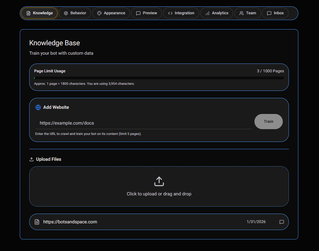 Bots and Space Dashboard Interface